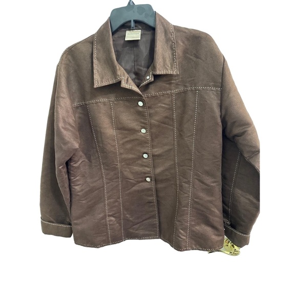 Vintage Decorated Originals Faux Suede Jacket Sz L  Hip-Length Brown Snap Button - Picture 2 of 7